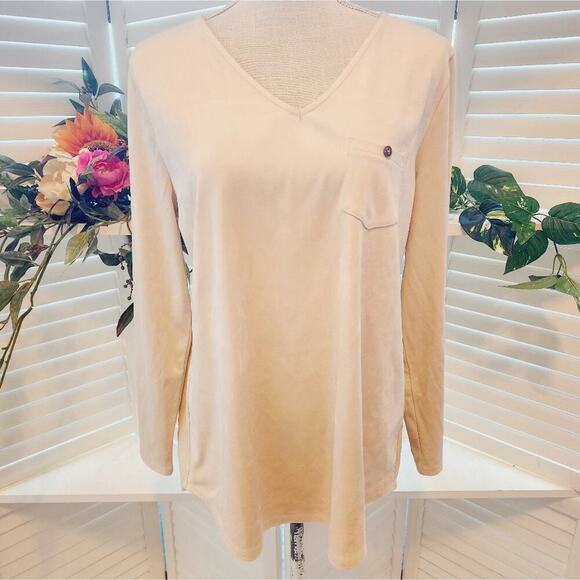 SOFT SURROUNDINGS SOFT SUEDE V NECKET BEIGE W/BUTTON POCKET SIZE MED - Picture 1 of 7
